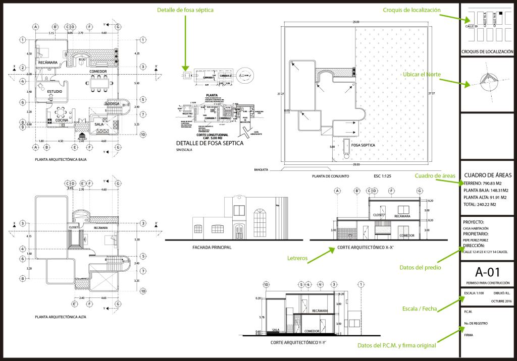 Ejemplo de un plano para solicitar el permiso de construcción en el Ayuntamiento de Mérida