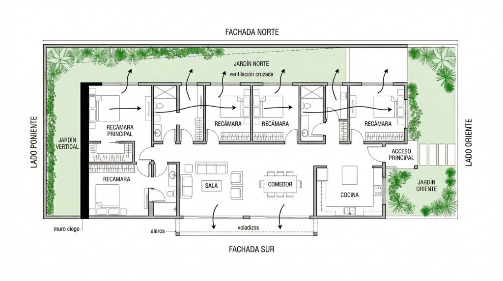 Planta arquitectónica de casa lineal con muro poniente ciego y jardín al norte