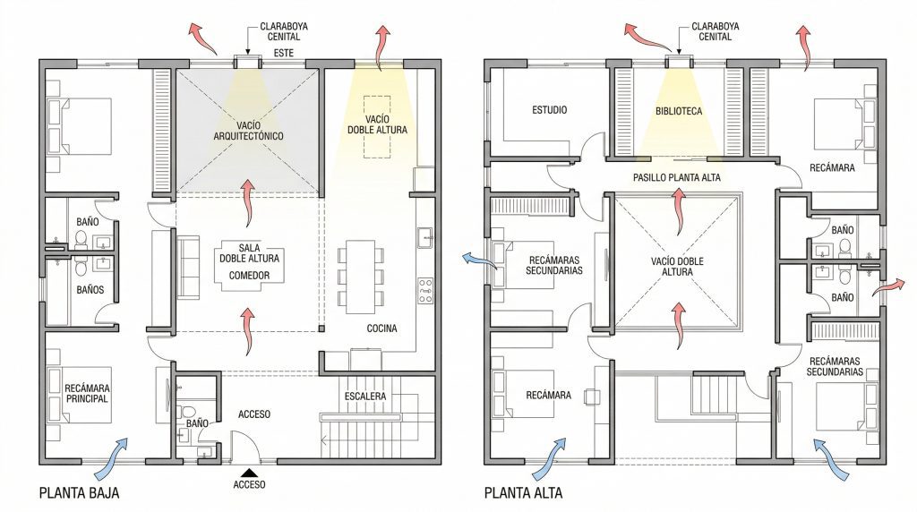 Planta arquitectónica de casa con doble altura y claraboya al norte