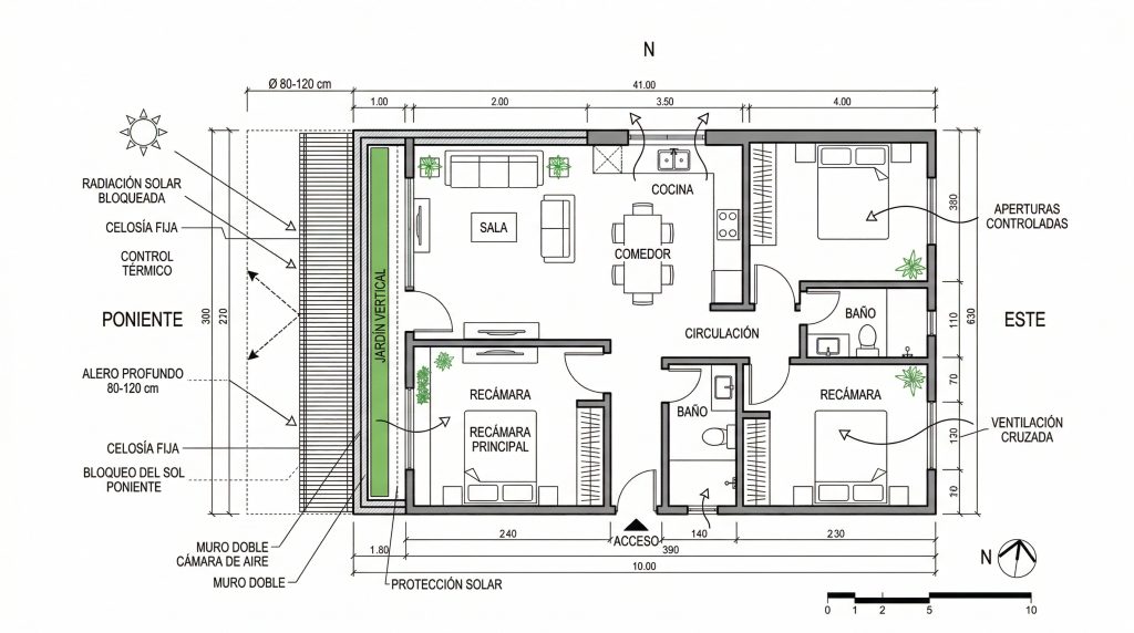Planta arquitectónica de casa compacta con piel de protección solar