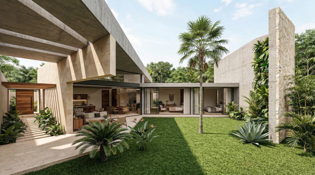 Render de casa lineal con muro poniente ciego y jardín al norte