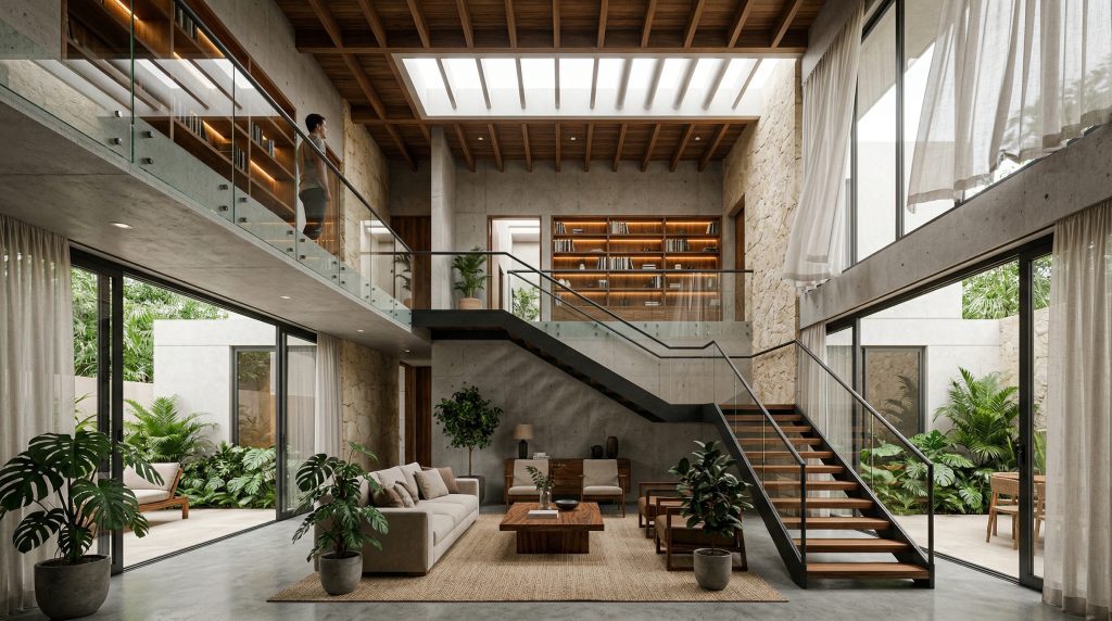 Render de casa con doble altura y claraboya al norte