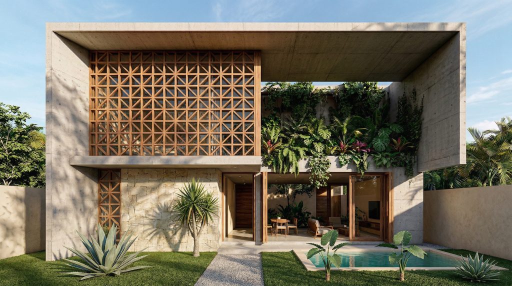 Render de casa compacta con piel de protección solar