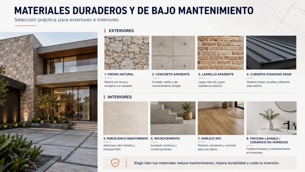 Infografía sobre materiales duraderos y de bajo mantenimiento